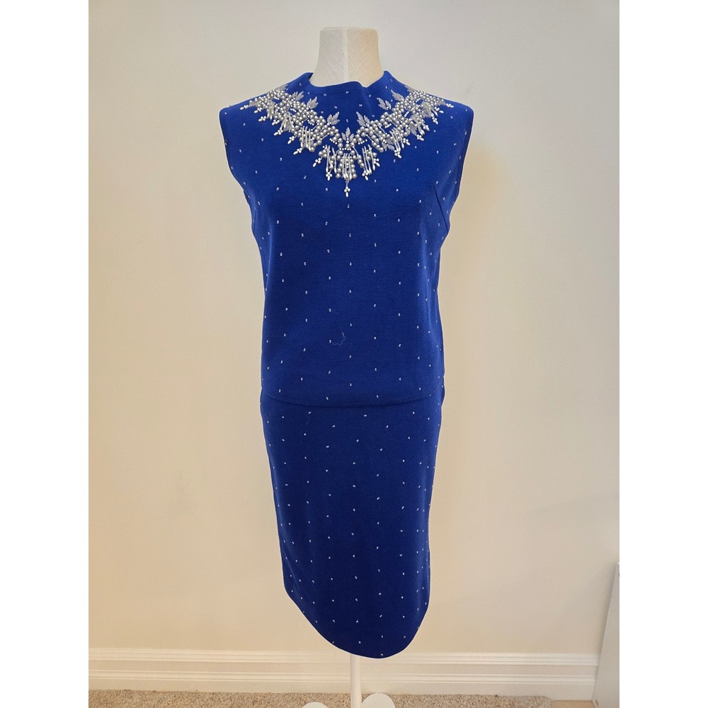 Vintage Rohrbach's Wool Beaded Sweater Skirt Set Blue Silver Hong Kong Size 10